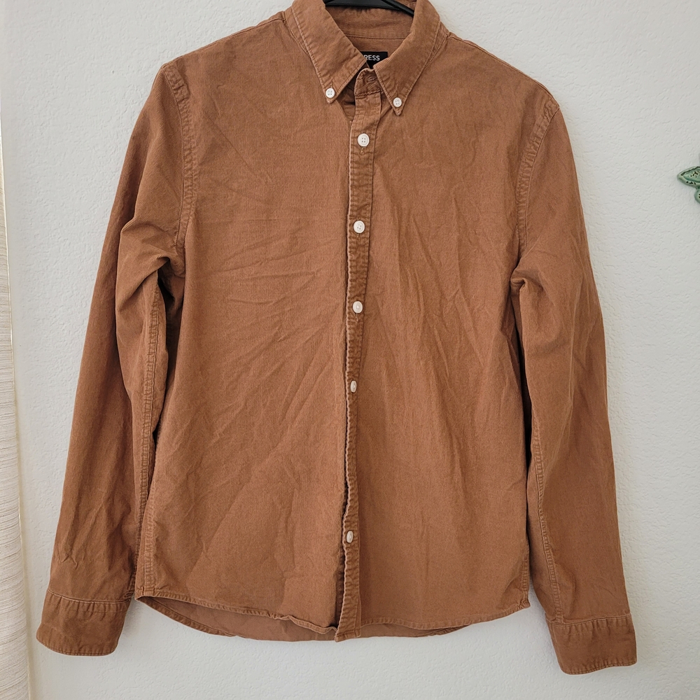Express Mens Small Brown Rib Knit Casual Button-Down Shirt.